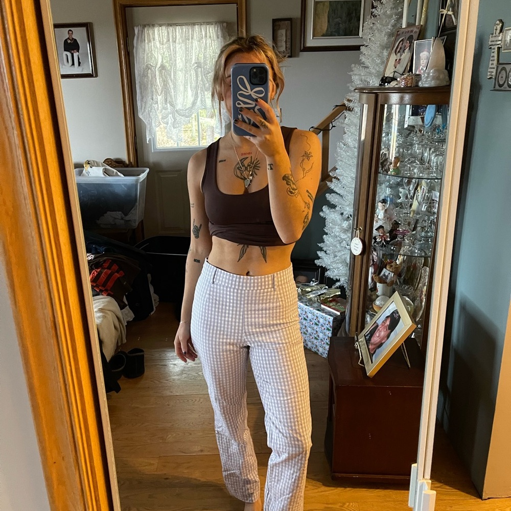 Zara Purple and White Checkered Straight Leg Pants